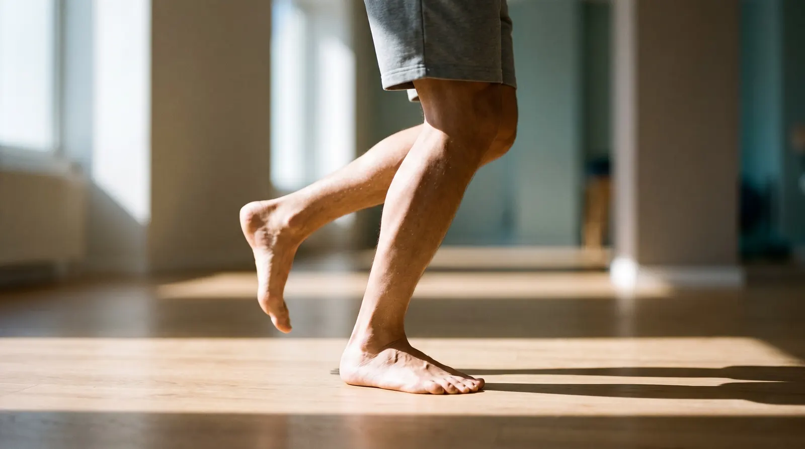 Exercice d’équilibre sur une jambe lors d’une séance de rééducation de cheville